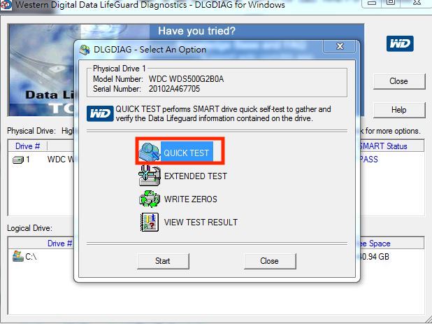 WD硬碟檢測軟體Quick Test功能測試硬碟狀況