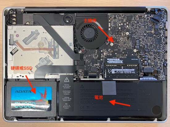 Mac筆電拆開背蓋後的構造